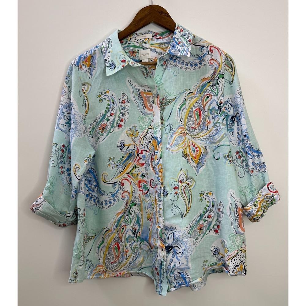 Chicos Effortless Linen Whimsy No-Iron Paisley Button Down Shirt Size 2 Large 12 - Picture 2 of 10